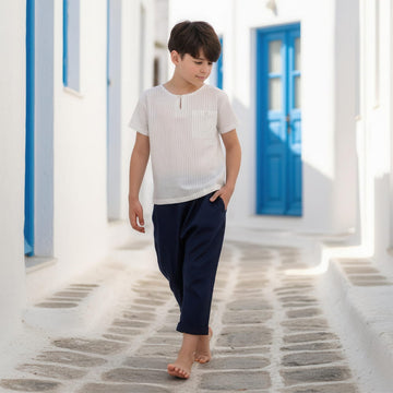 Bata Masculina Viscose Leve Manga Curta Listrada Branca e Marinho - TD100