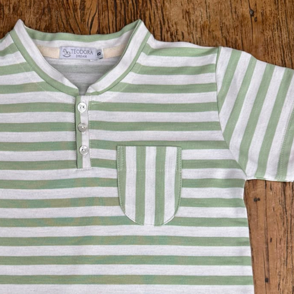 Camiseta Infantil Masculina Listrada Verde Bolso - TD173