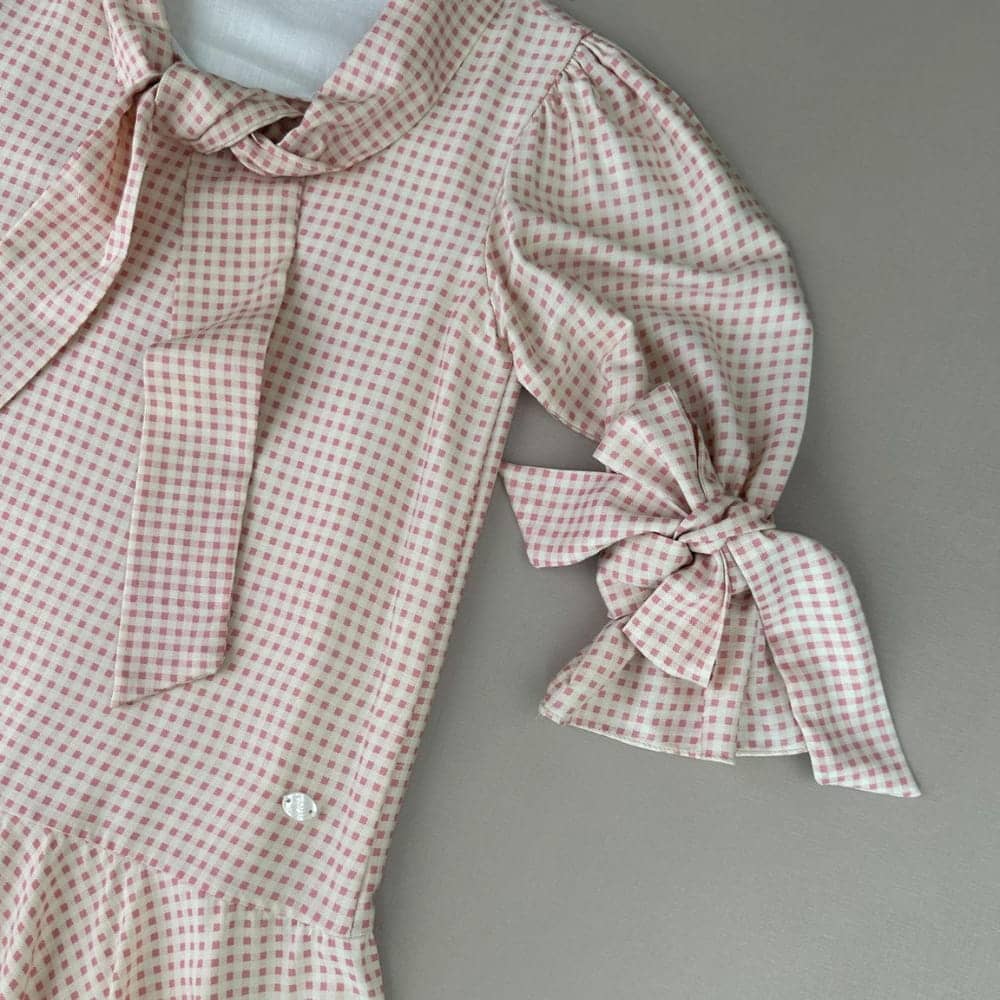 Vestido infantil viscose fluido xadrez rosa laço delicado - TD139