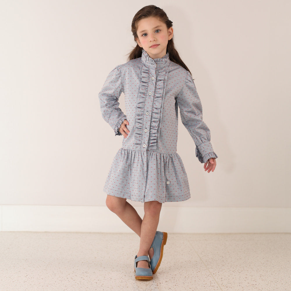 Vestido Infantil Manga Longa Azul e Detalhe Vermelho - TD26