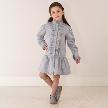 Vestido Infantil Manga Longa Azul e Detalhe Vermelho - TD26