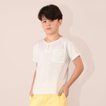 Bata Masculina Viscose Leve Manga Curta Listrada Branca e Marinho - TD100