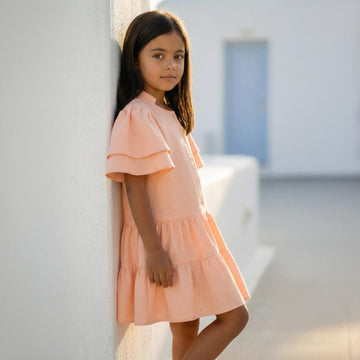 Vestido Infantil Leve Linho com Babados Coral - TD27