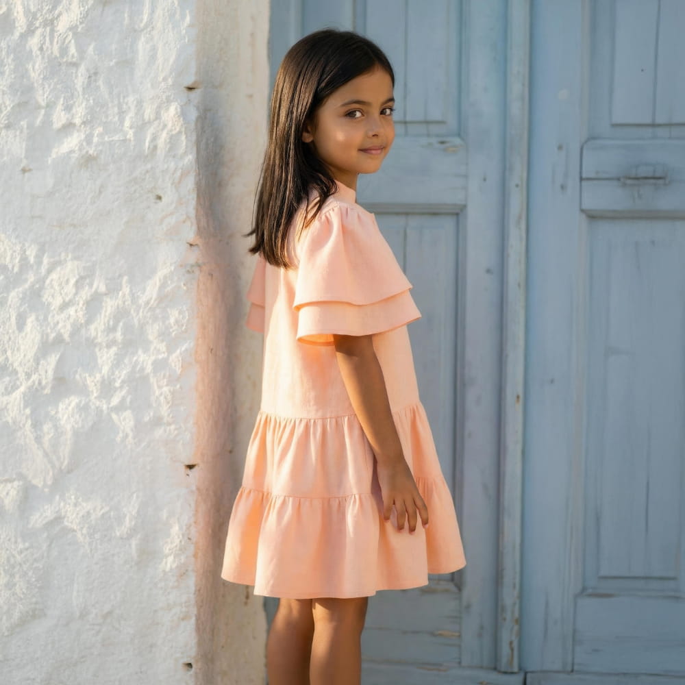 Vestido Infantil Leve Linho com Babados Coral - TD27
