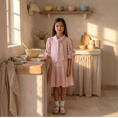 Vestido infantil viscose fluido xadrez rosa laço delicado - TD139