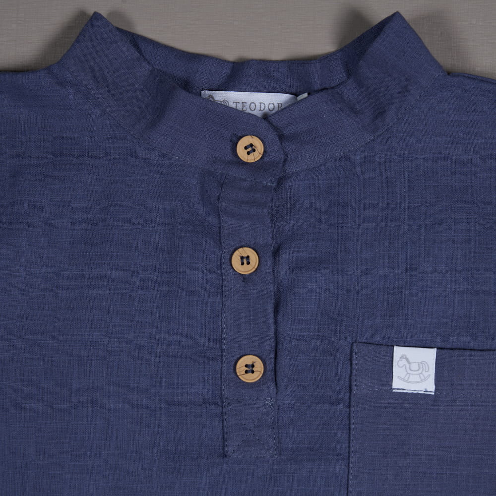 Camisa Masculina Azul Manga Longa Textura Linho - TD93