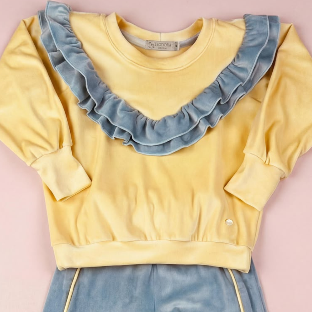 Conjunto Infantil Plush Menina Amarelo Babado Azul - TD170