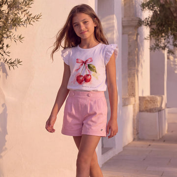 Blusa Infantil Cerejas Branca Manga Tulipa - TD186