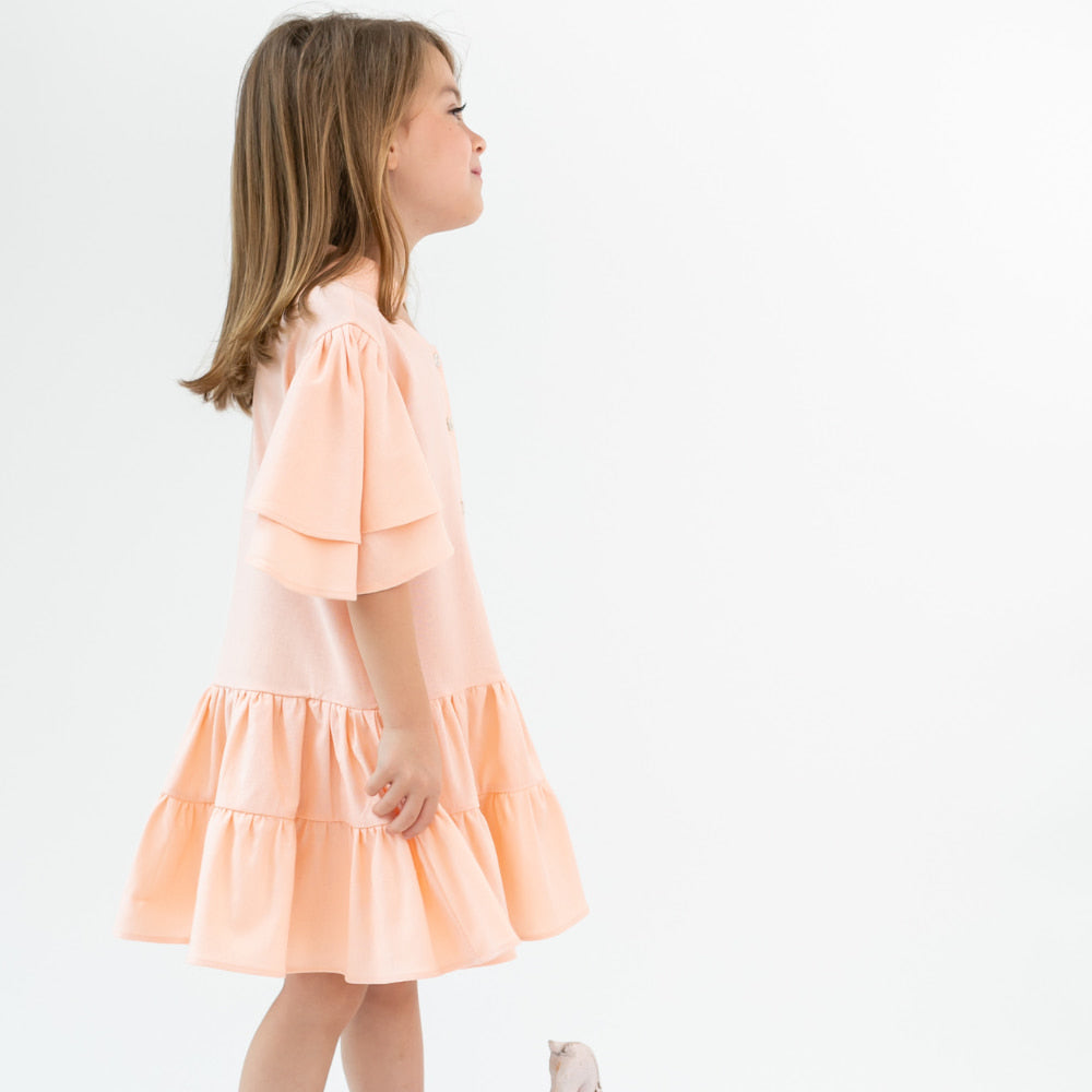 Vestido Infantil Leve Linho com Babados Coral - TD27
