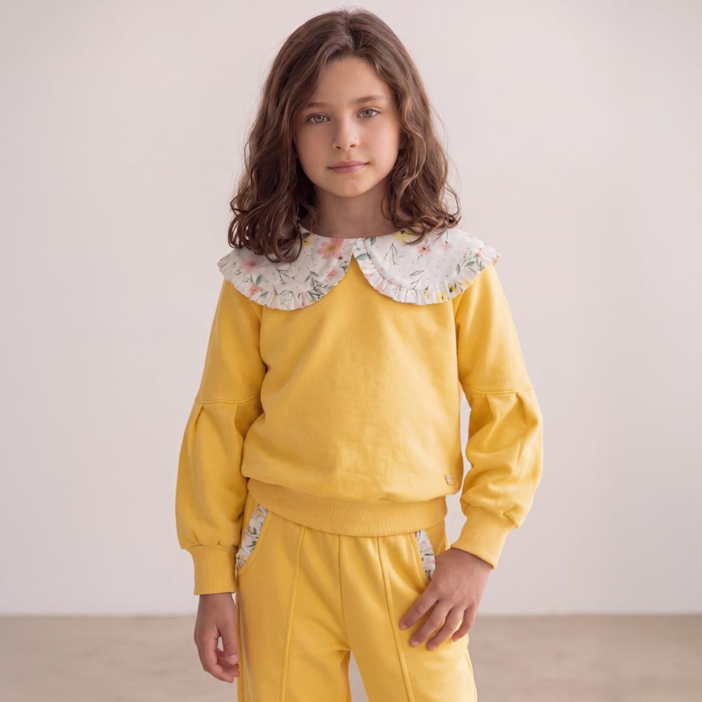 Conjunto Agasalho Moletom Flanelado Amarelo Gola Floral - TD165