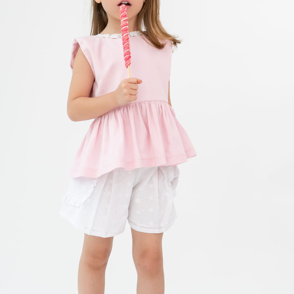 Blusa infantil Peplum sem mangas em Fustão com Renda - TD75