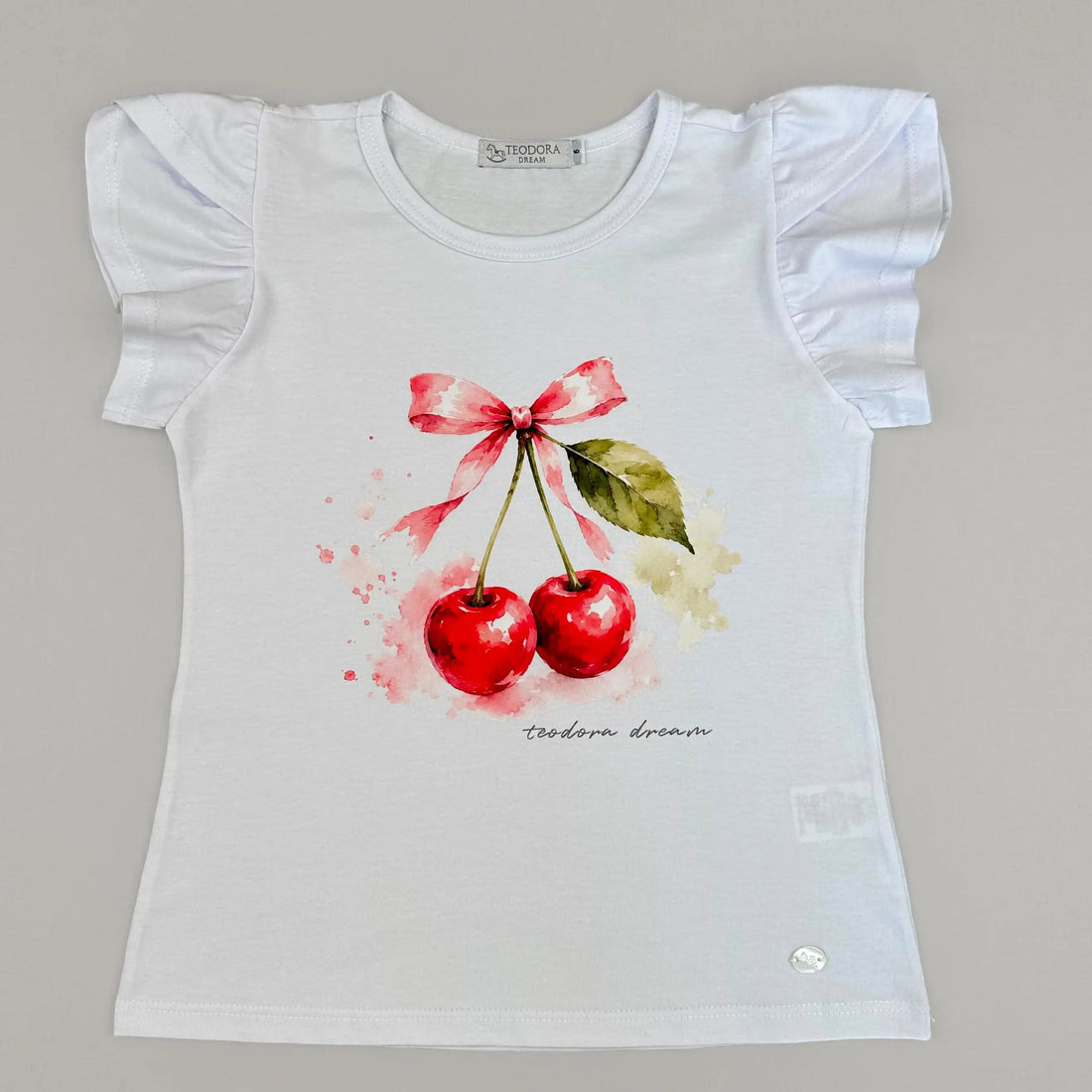 Blusa Infantil Cerejas Branca Manga Tulipa - TD186
