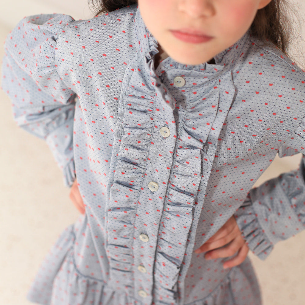 Vestido Infantil Manga Longa Azul e Detalhe Vermelho - TD26