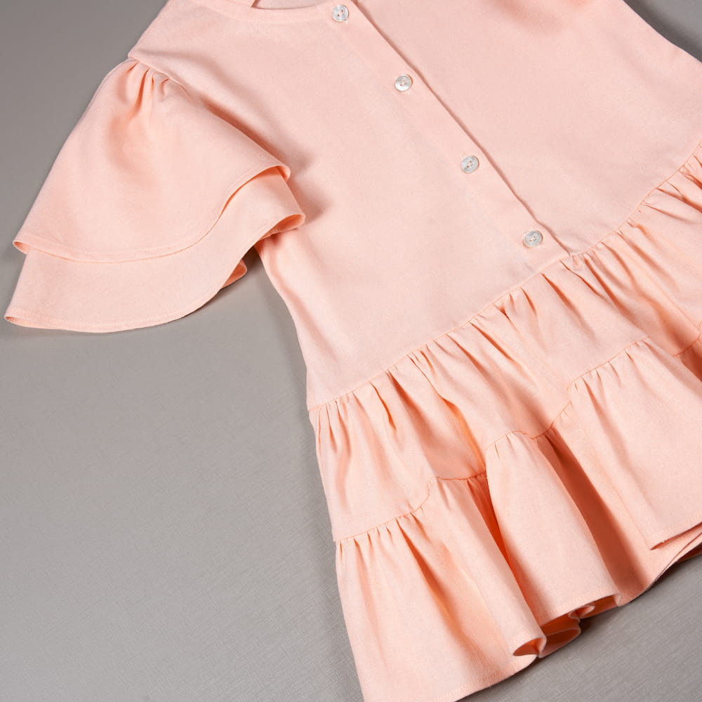 Vestido Infantil Leve Linho com Babados Coral - TD27