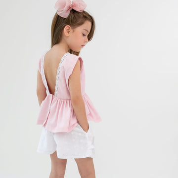 Blusa infantil Peplum sem mangas em Fustão com Renda - TD75