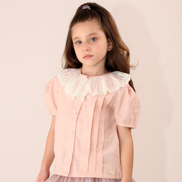 Blusa Infantil em Algodão Texturizado com Gola em Tule Bordado - TD54