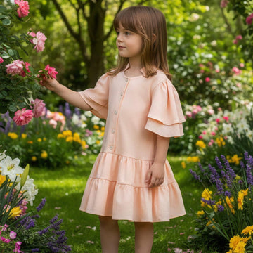 Vestido Infantil Leve Linho com Babados Coral - TD27