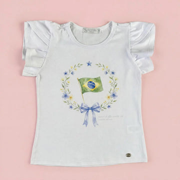 Blusa Infantil com Babados Branca Estampa Brasil - TD167